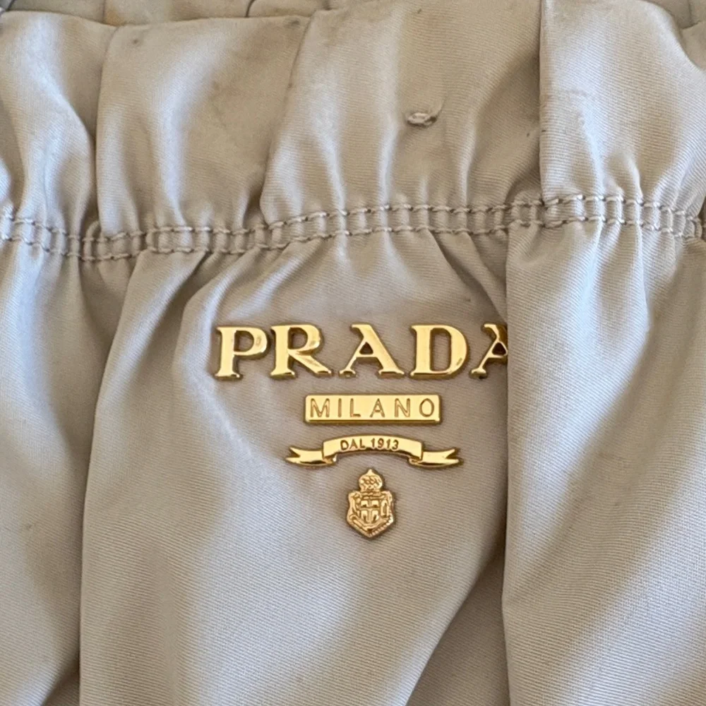 Prada Nylon Ruche Logo Plaque with Gold Hardware/ Beige - Picture 3 of 10